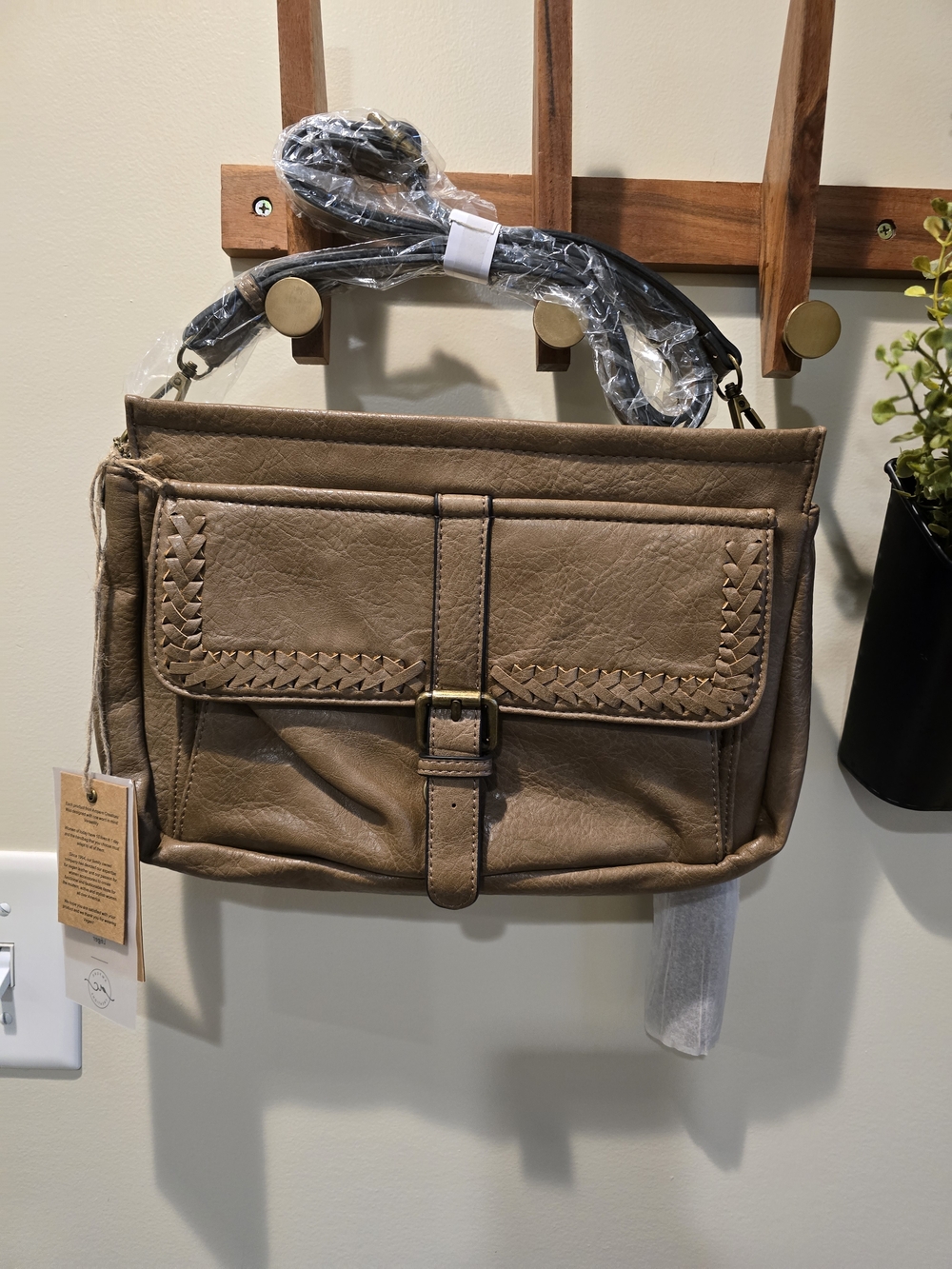 Tan Woven Trim Crossbody Satchel